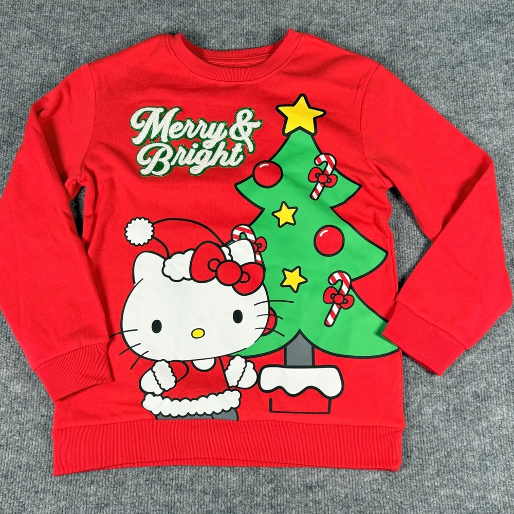 Hello Kitty Christmas Tree Merry Brightโ Festive Red Crewneck Sweatshirt Large